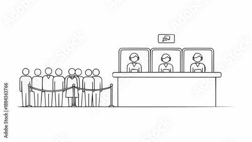 People waiting in line at a ticket counter with staff serving customers.