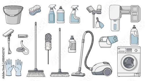 A comprehensive collection of cleaning supplies and equipment, including a washing machine, vacuum cleaner, mops, brushes, sprays, and gloves.