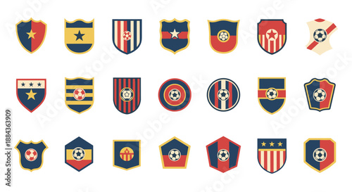 Soccer team shield emblems arrayed for a competition backdrop design. 