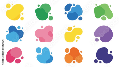 A collection of twelve colorful abstract liquid blobs and shapes, perfect for graphic design elements.