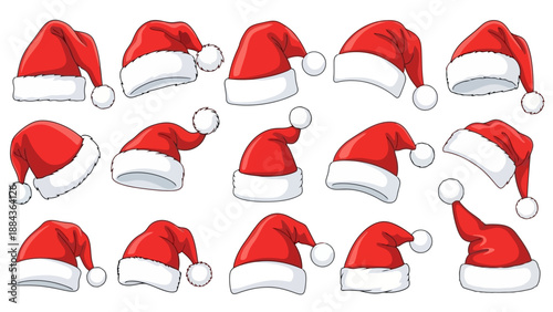 A collection of 15 red Santa hats with white trim and pom-poms, depicted in a cartoonish, illustrative style against a white background.