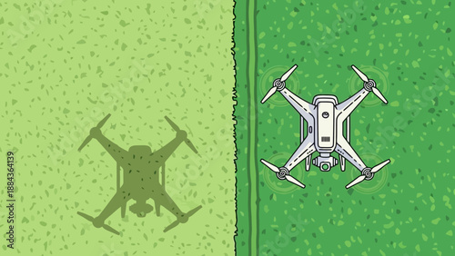 Overhead view of a white drone casting a shadow on a green grassy field, divided by a line.