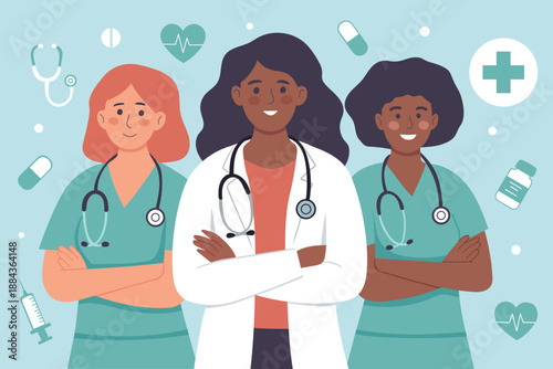 Flat vector illustration of confident female medical professionals with stethoscopes. Healthcare, hospital staff and medicine concept for clinic websites, apps, banners and medical services