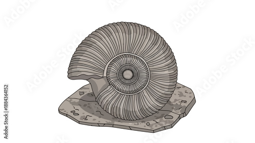 A detailed illustration of a fossilized ammonite shell resting on a rocky base, showcasing intricate spiral patterns and geological texture.