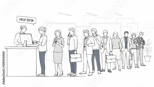 People waiting in line at a help desk illustration.