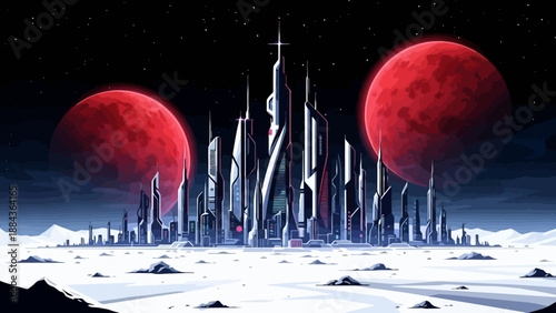 Futuristic alien cityscape with towering skyscrapers under two large red moons in a desolate, icy landscape.