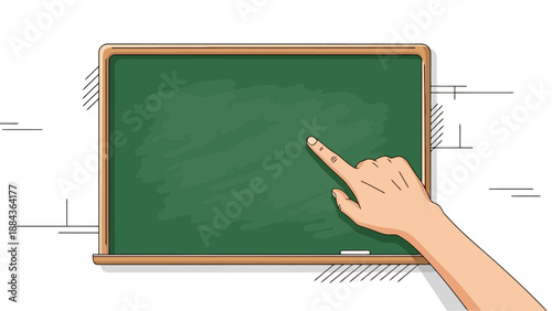 A hand with a pointed finger touching a green chalkboard with a wooden frame, ready for writing or drawing.