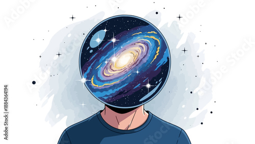 A person with a galaxy swirling inside their head, representing cosmic consciousness and the vastness of the universe within.