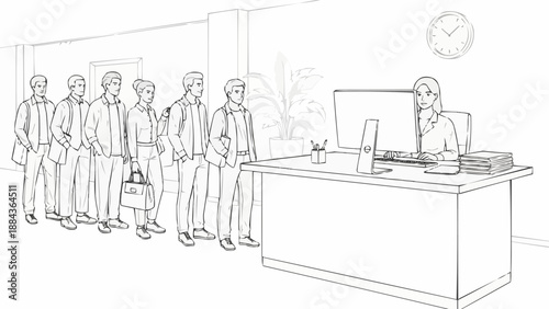 People waiting in line at a reception desk with a computer and clock.