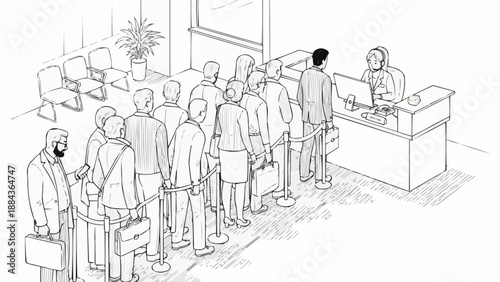 People waiting in line at a service counter with a receptionist.
