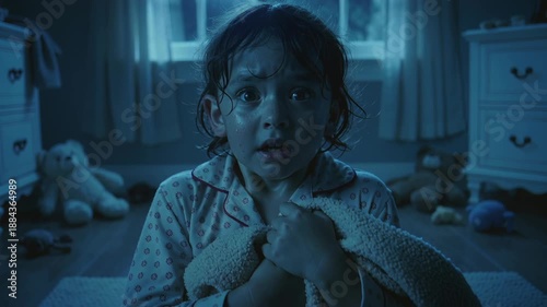 Scared little girl in pajamas showing fear and sadness in dark bedroom, suffering nightmare or experiencing scary moment