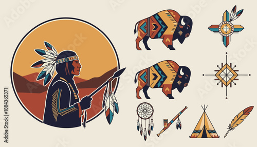 Native American cultural elements vector illustration set featuring a man, bison, dreamcatcher, teepee, and traditional symbols.