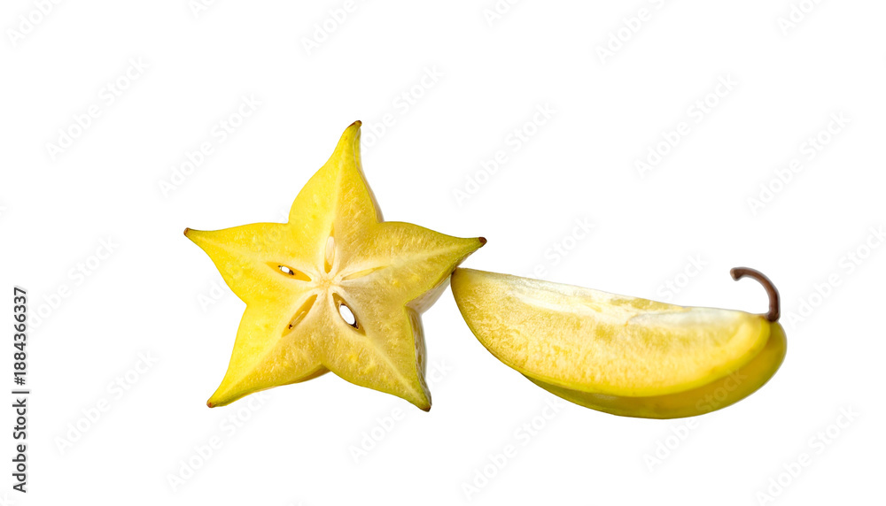 Fototapeta premium A vibrant photo depicts sliced starfruit against a stark black backdrop. The fruit's intricate shape and color are prominent. One piece cut