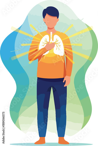 An illustrated man clutching his chest with a sunburst and lungs visible through his shirt, symbolizing health issues related to World Tuberculosis Day. Perfect for health awareness