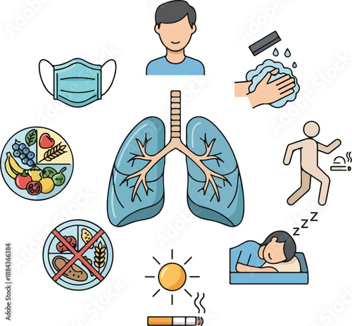 A digital illustration depicting World Tuberculosis Day, showing lungs surrounded by healthy habits like fruit, sleep, and hygiene, and unhealthy habits like smoking. Perfect for health