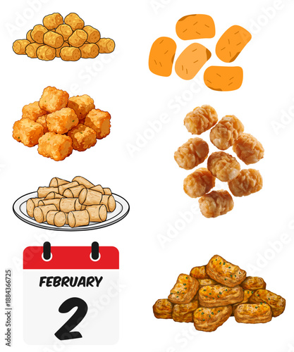 Collection of various potato-based side dishes including tater tots, hash browns, and cylinders for national food celebration on transparent background