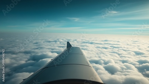 View from a cockpit of a monoplane wing extending over a sea of clouds.