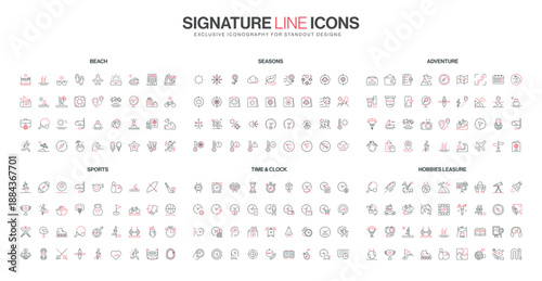 Billede på lærred Collection of simple red and black line icons representing beach, sports, advent