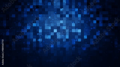 Abstract grid pixel dot pattern background with geometric mosaic on dark blue tone, digital technology concept for futuristic interface, data visualization, network system and modern graphic design