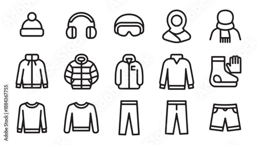 Vector icons representing winter clothing and accessories: beanie, headphones, ski goggles, balaclava, scarf, jacket, puffer jacket, fleece jacket, sweatshirt, socks with gloves, pants, and shorts.