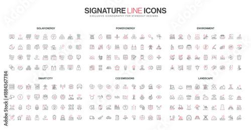 Collection of minimal line icons featuring solar energy, power, environment, smart city, CO2 emissions, and landscape themes in red and black style isolated vector illustration