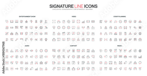 Modern line icons set covers entertainment show, video, event planning, audio, content, and music themes with minimal red and black style isolated vector illustration