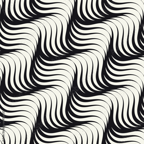 Seamless pattern with geometric waves. Endless stylish texture. Ripple monochrome background. Linear diagonal weaved grid. Thin interlaced swatch.