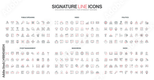 Collection of thin line icons covering public speaking, video, politics, event management, mass media, and show themes, designed in a simple red and black style isolated vector illustration
