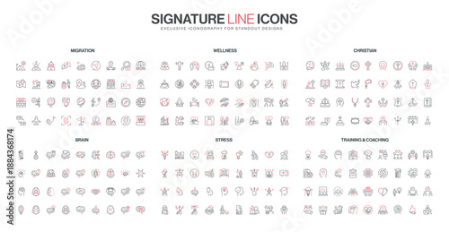 Set of minimalist line icons themed around migration, wellness, Christian faith, brain, stress, and training concepts in red and black for diverse visual communication isolated vector illustration