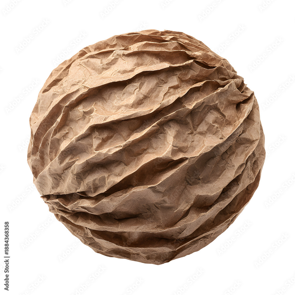 Fototapeta premium Crumpled Brown Paper Ball with Textured Wrinkles Isolated on Transparent Background