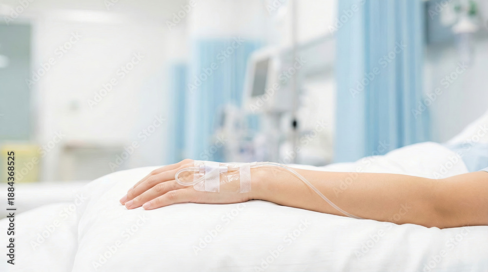 Obraz premium Patient arm with IV line in hospital bed feeling weak