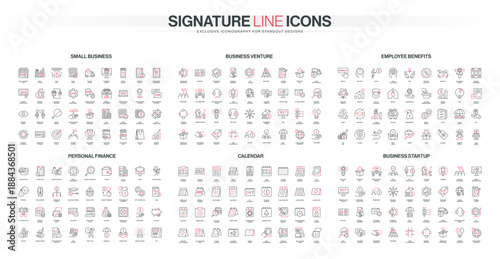 Comprehensive set of thin line icons covering small business, venture, employee benefits, personal finance, calendar, and startup concepts isolated vector illustration