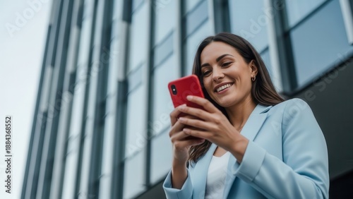Woman using smartphone with modern building background