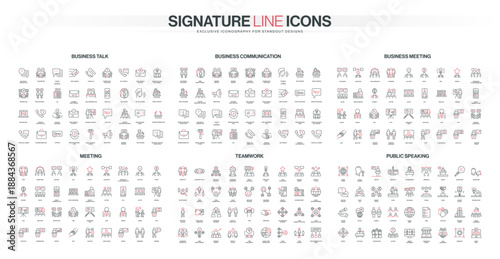 Red black thin line icons set with business communication, meetings, teamwork, public speaking, corporate discussions, ideal for office presentations and web interfaces vector illustration