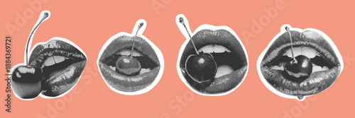 set of womans lips holding a cherry in their mouth for a valentine love concept. Halftone grunge design elements