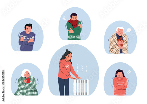People Feeling Cold at Home in Winter, Heating and Warmth Concept Set. Vector flat  cartoon illustration