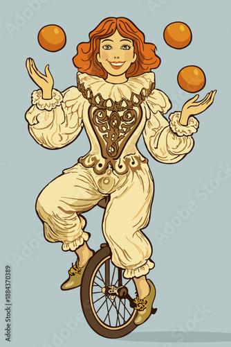 Obraz na plátne Red-haired clown Columbine juggling three oranges on a vintage unicycle