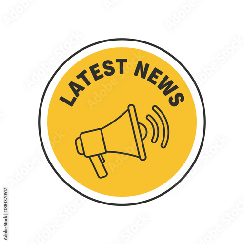 Bright yellow circle with black border, featuring a simple megaphone icon and the text "LATEST NEWS". Vector illustration for announcements and breaking news.