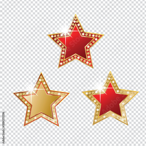 Vintage marquee stars set with shiny red and gold color variations on a transparent background