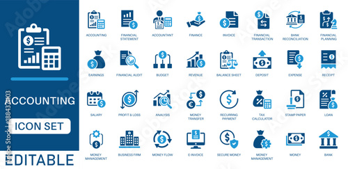 Accounting and finance icon set. featuring accounting, budgeting, invoices, financial reports, audit, tax, profit and loss, money management ,banking and more icons. perfect vector icon collection.