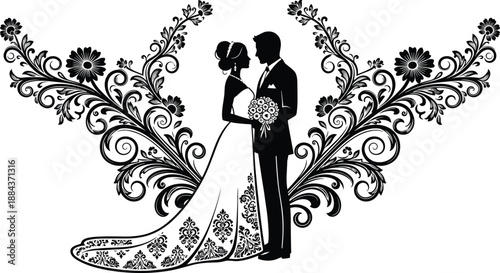 Black And White Vector Silhouette Of A Wedding Couple Surrounded By Ornate Floral Swirls Featuring A Bride In An Embroidered Gown