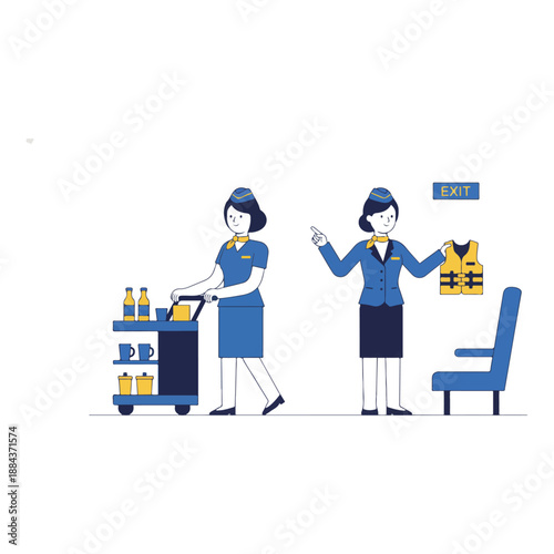 Flight attendants providing in-flight service and safety demonstration.