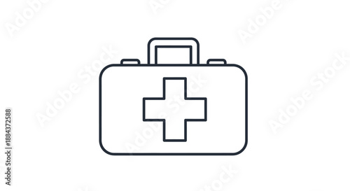 Simple black line art icon depicting a portable first aid kit container with a prominent medical cross symbol centered on the front surface.