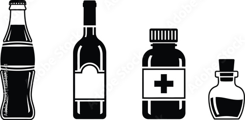 Black bottle and medicine silhouettes collection useful graphic elements on transparent background