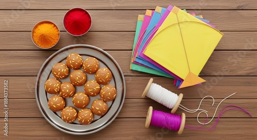Colorful kites and spools of thread on wooden table with snacks