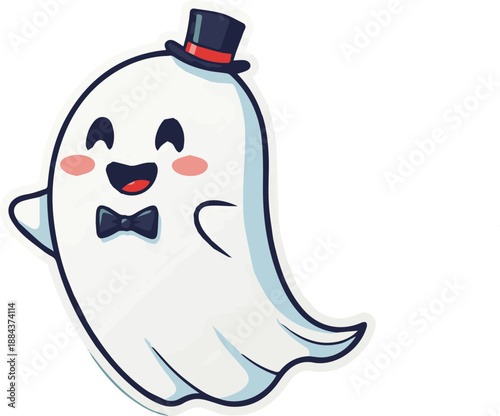A smiling ghost wearing a top hat and bow tie floating in the air