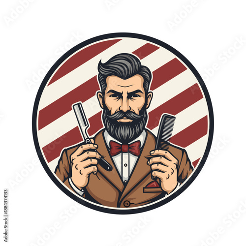 Illustration of a bearded man in a suit holding razors, showcasing grooming skills in a vintage barber shop setting from a frontal viewpoint