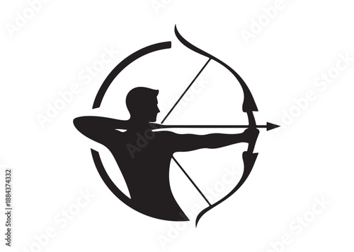 archery logo silhouette vector, bow and arrow logo silhouette illustration, bow and arrow silhouette logo vector, archery sports logo vector, archer bow man logo vector silhouette on white background.