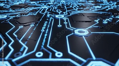 Circuit Board: A detailed view of a computer circuit board, with intricate lines and glowing blue pathways that symbolize the complex inner workings of modern technology.