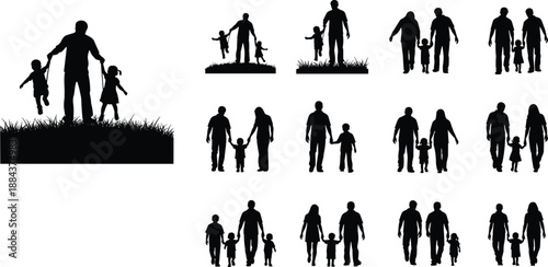Black And White Vector Silhouette Set Of Families Featuring Parents Holding Hands With Children Walking In Nature For Lifestyle And Parenting Design Projects